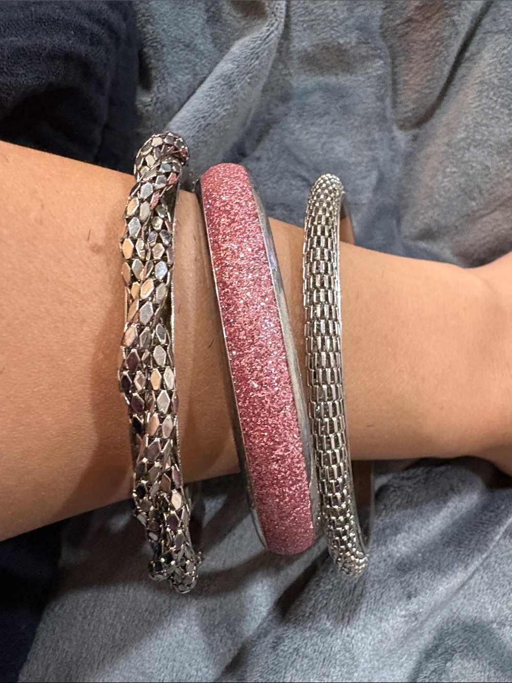 6-Pink Glitter and Silver Stackable Bracelets - Women Jewelry